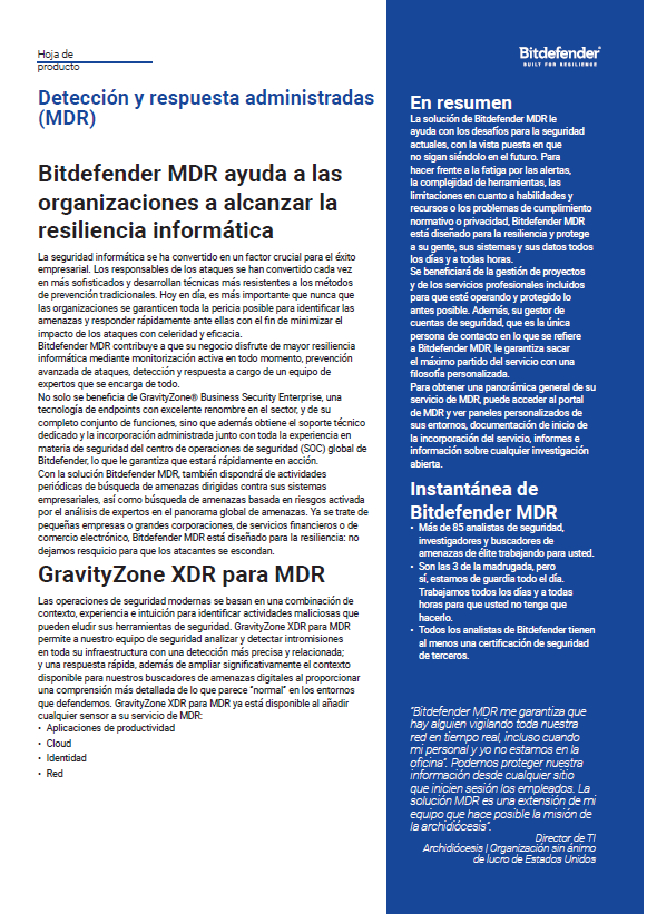 Detección y respuesta administradas: Bitdefender MDR ayuda a las organizaciones a alcanzar la resiliencia informática