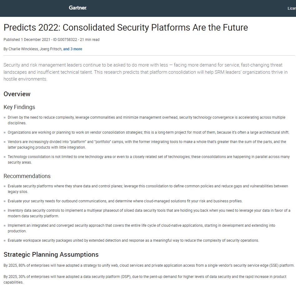 Gartner® predice 2022: las plataformas de seguridad consolidadas son el futuro